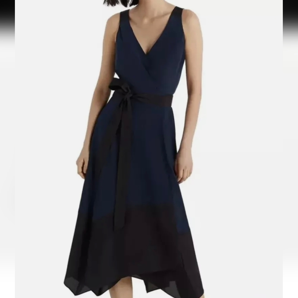 NWT Club Monaco Two-Tone Wrap Dress in Black and Blue 100% Silk